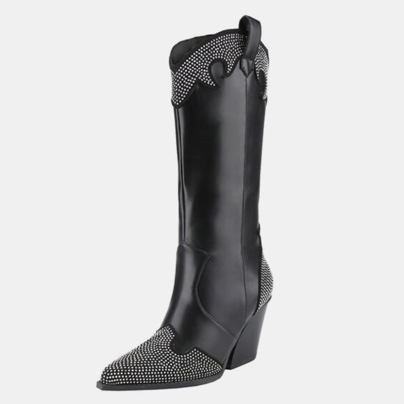 Weeboo Chunk Heel Rhinestone Decor Western Black Studded Women's Boots Sz 8.5 - Picture 1 of 3